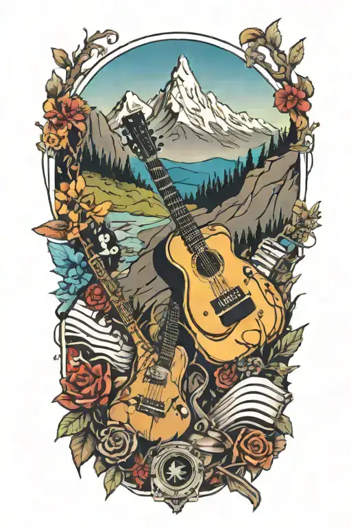 A Guitar And Piano Intertwined With Mountain Peaks And Hiking Trails