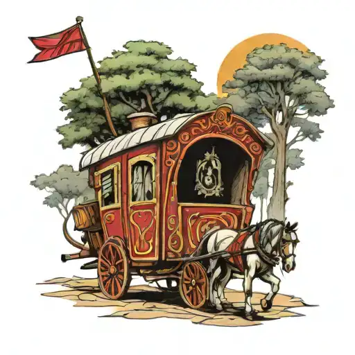 Gypsy Wagon With A Horse And Gypsy Flag On The Road In The Woods