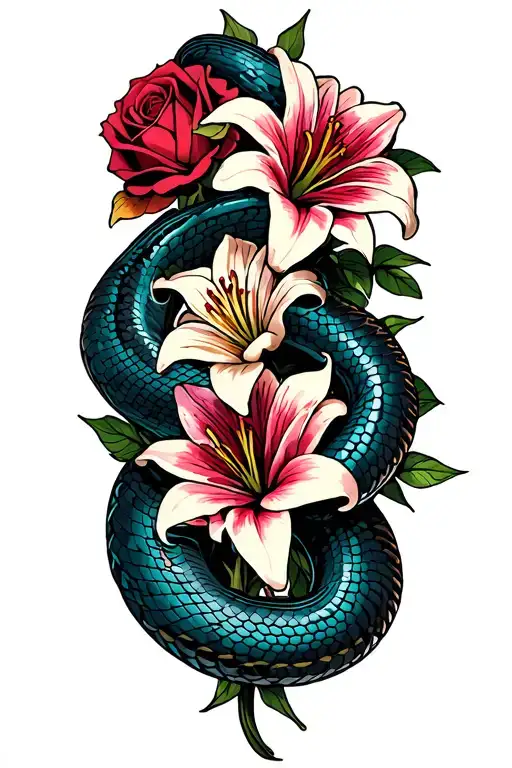 Snake Wrapped Around Roses And Lilies