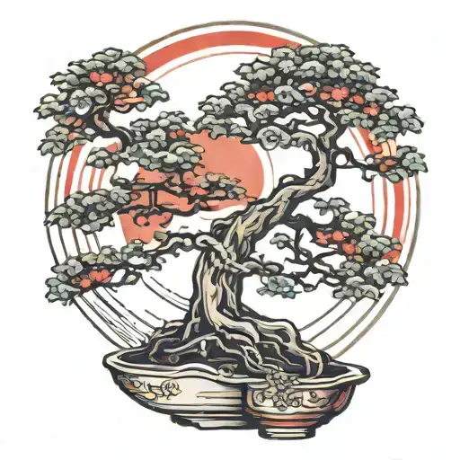 Bonsai Tree With Red Sun