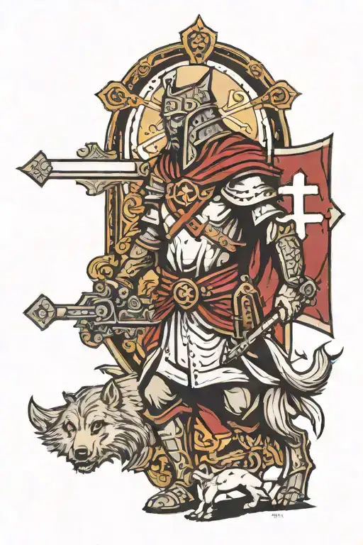 Crusader Walking With Wolf And Cross Surrounded