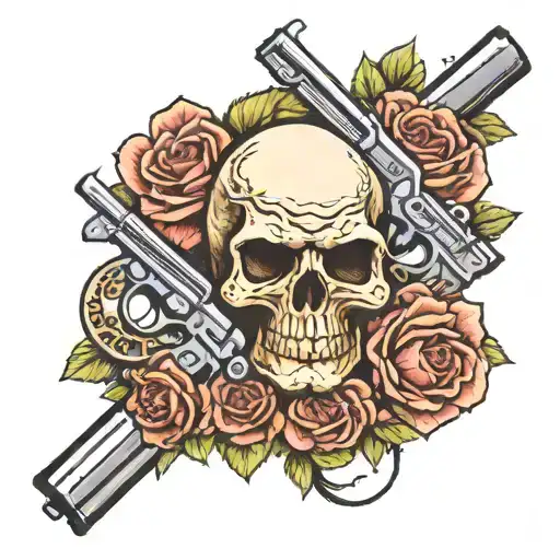 Skull With Two Old School Revolvers Crossing Be Hind It Adorned In Roses
