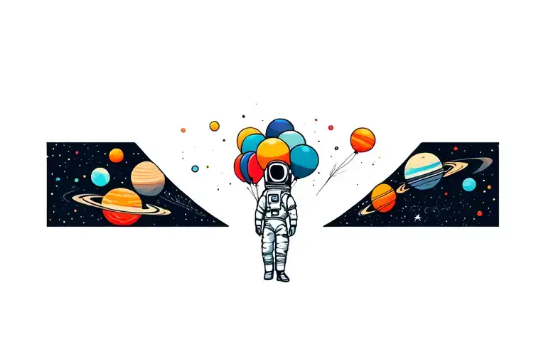 Astronaut With Balloons As If They Were Planets