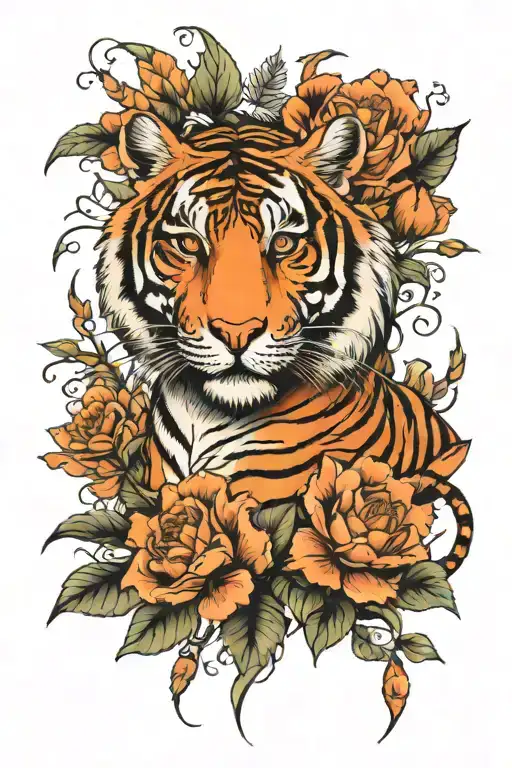 Tiger And Flowers