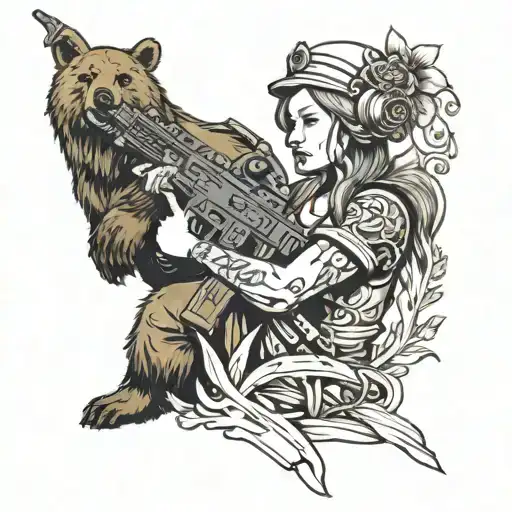 Slavic Girl In Kokoshnik With A Machine Gun In Her Hands On A Bear In Old School Style