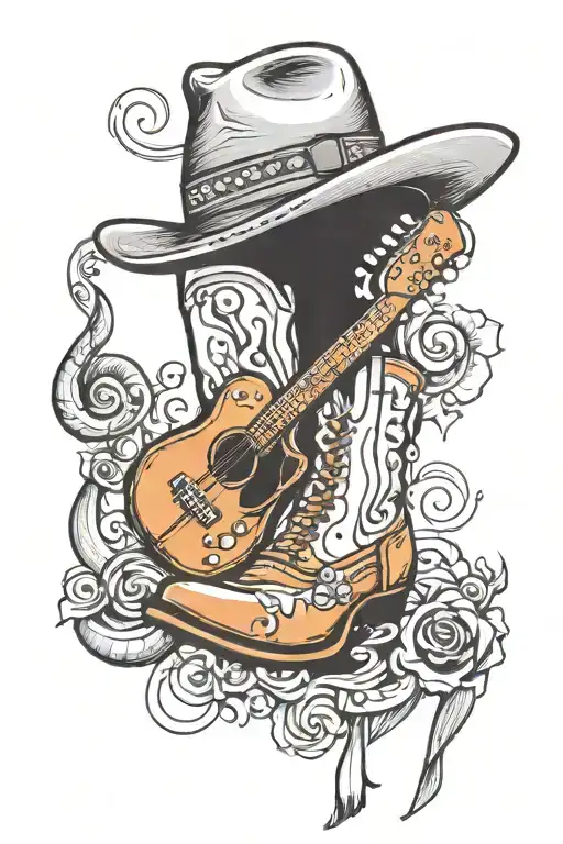 Cowboy Boots And Hat Microphone Music Notes Guitar