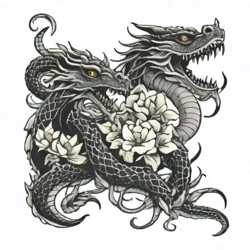 Lovers Dragon With Snake In Black And White With Flowers