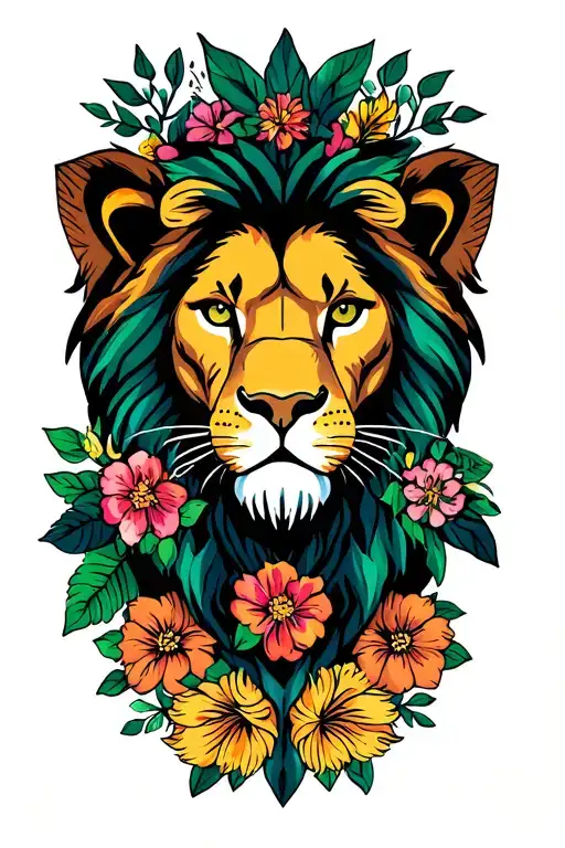 Lion With Martinique And Guadeloupe And Flowers