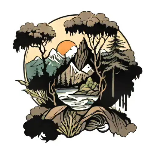 Mountains Forest Scene