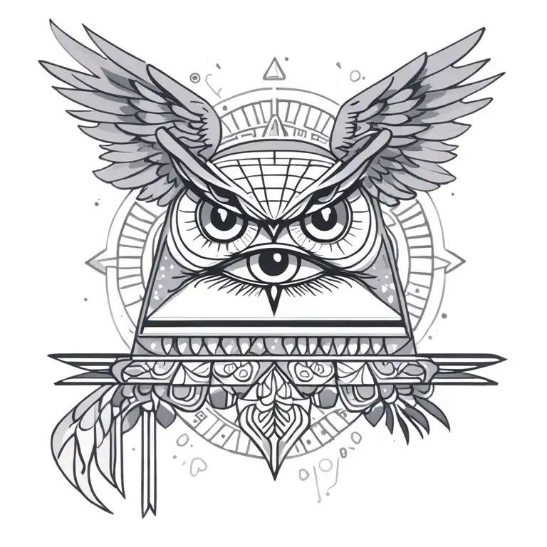 Filigree All Seeing Eye Pyramid Owl Wings In Background Anunnaki Egyptian Tattoo