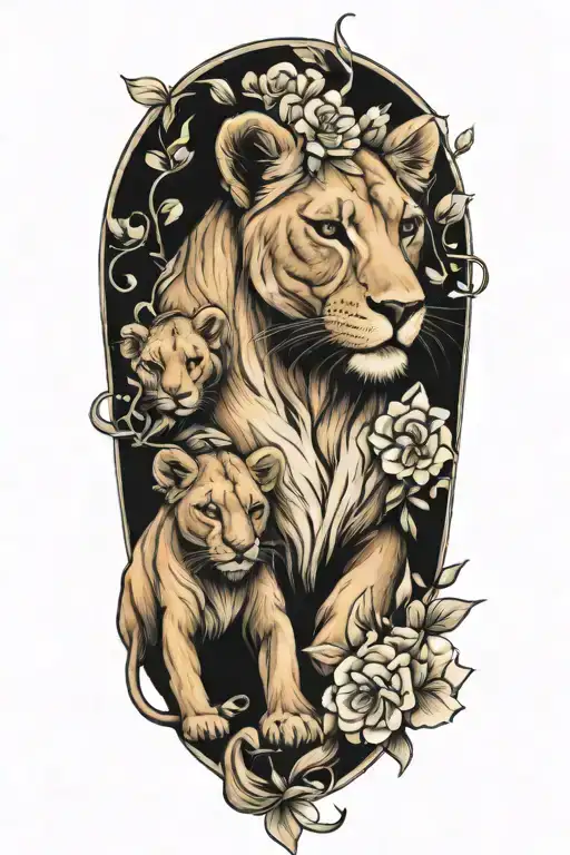 Lioness With Cubs And Flowers Intertwined