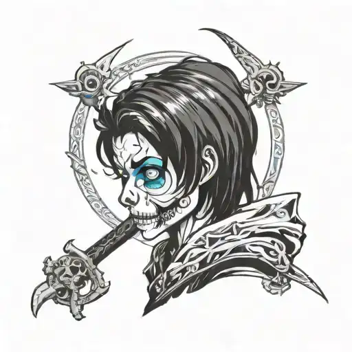 Boy With Black Hair And Blue Eyes In Grim Reaper Outfit