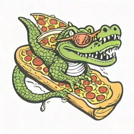 Alligator Riding A Pizza Slice Surf Board Wearing Sun Glasses