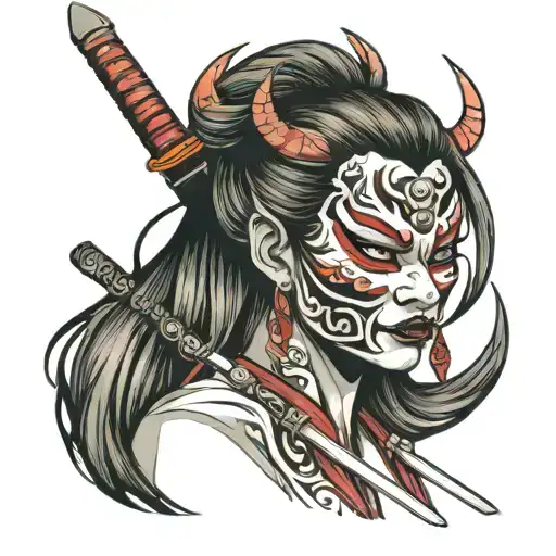 Oni Mask On Girl With Katana Sword Tattoo