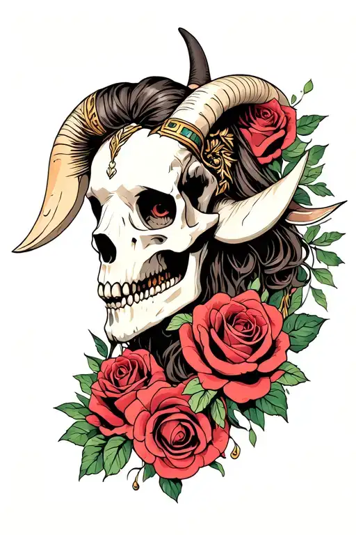 High Priestess With Goat Horn Skull With Roses
