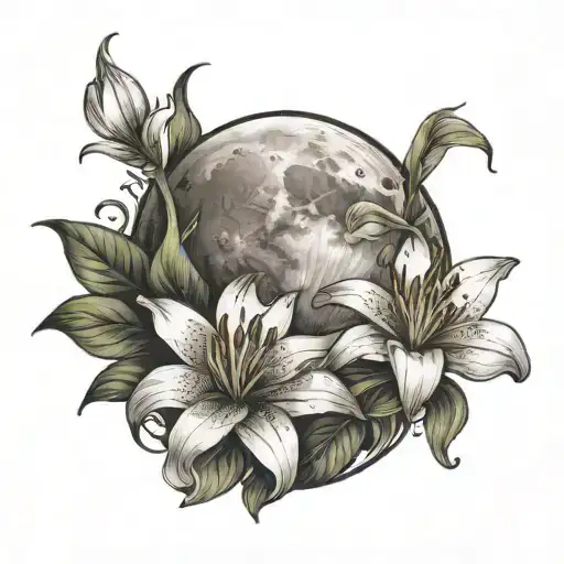 Moon And With Lily Flower On The Side