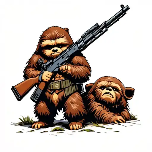 Ewok Holding Military Rifle Standing Over Dead Ewok