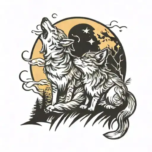 Cat And Wolf Howling At The Moon