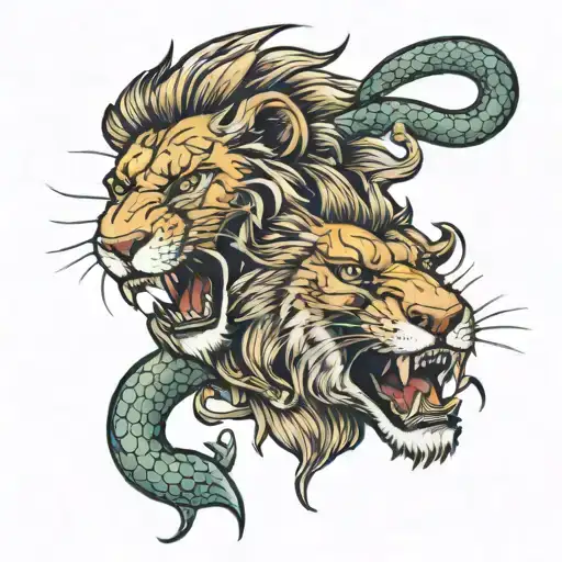 A Lion Holds A Snake In Its Teeth