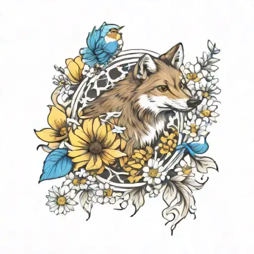 Wolf Cub With Daisies And A Fantail And S Bluebird