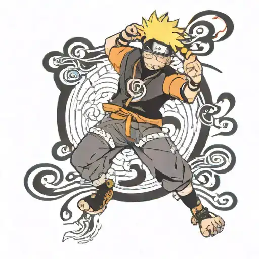 A Neotraditional Tattoo Of Naruto In A Battle Pose With Musical Notes Swirling Around Him
