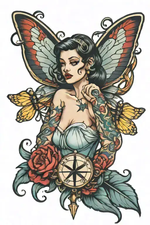 Pinup With Anchor Tattoo And Dragonfly Wings