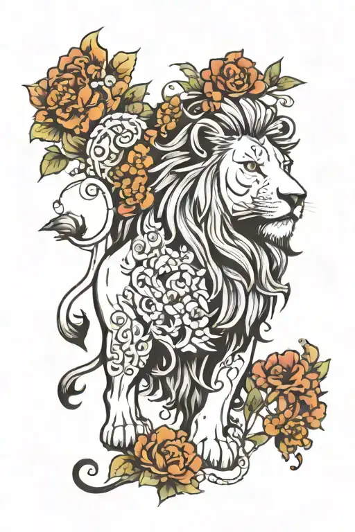 One Black And White Lion With Minimal Coloured Flowers And Vines Going Down And Thinning Out