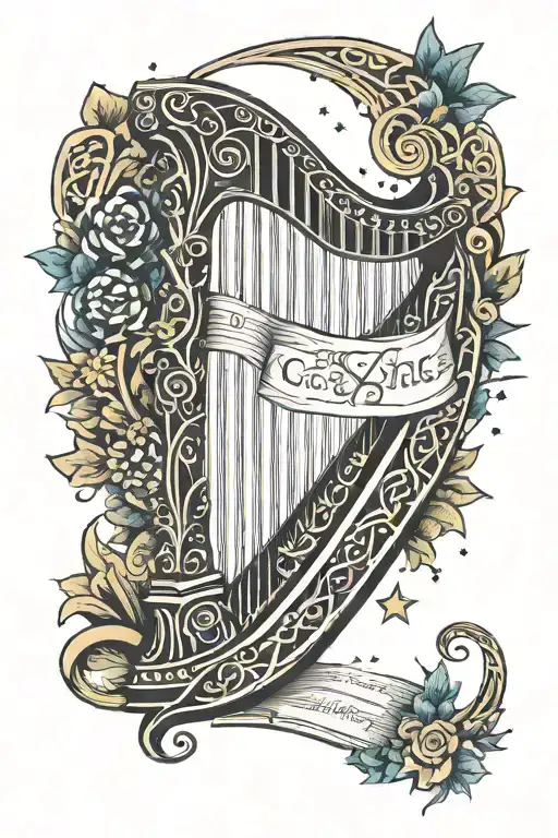 A Celtic Irish Harp Intertwined With A Book And Surrounded By Stars