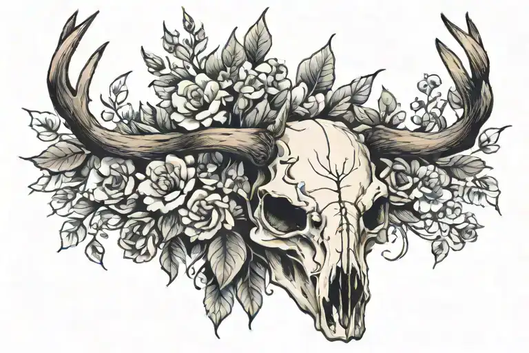 Deer Skull With Honey Suckle Flowers
