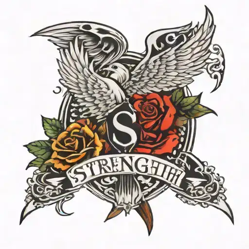 Strength In Script Surrounded By A Broken Sword And Wings