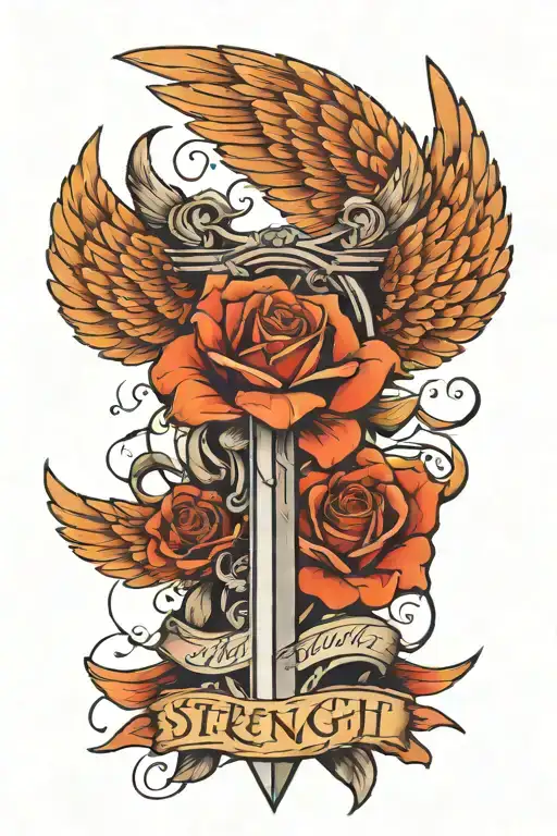 Strength In Script Surrounded By A Broken Sword And Wings