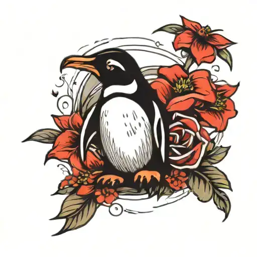Penguin And Red Flower Surrounded
