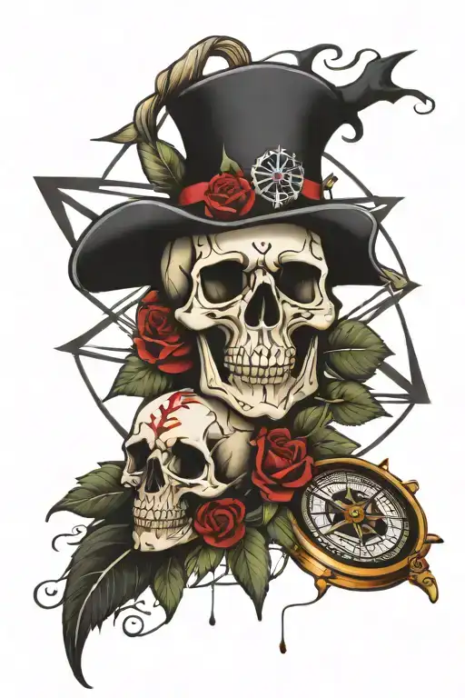 Skull Rose And Compass Rose Intertwined