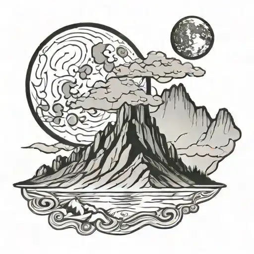 Full Moon Over Simple Mountain Outline Drawing