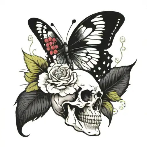 Skull Butterfly With Flowers And Berrie