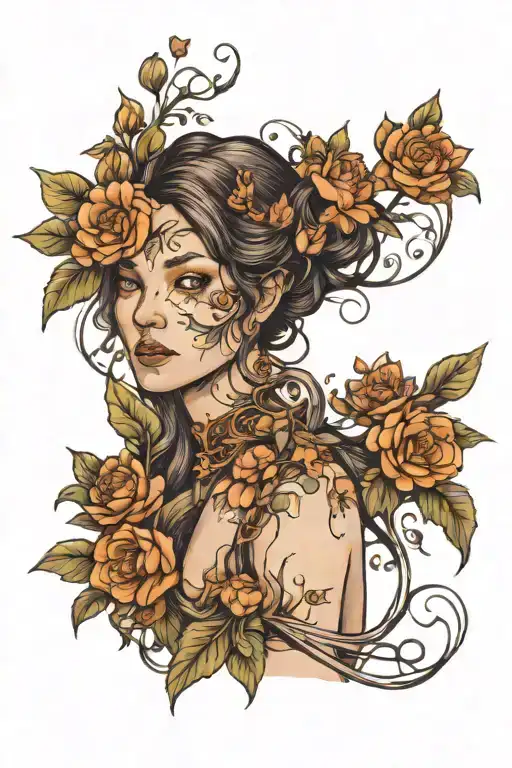 Woman Made Of Nature Scene Holding Three Flowers Growing