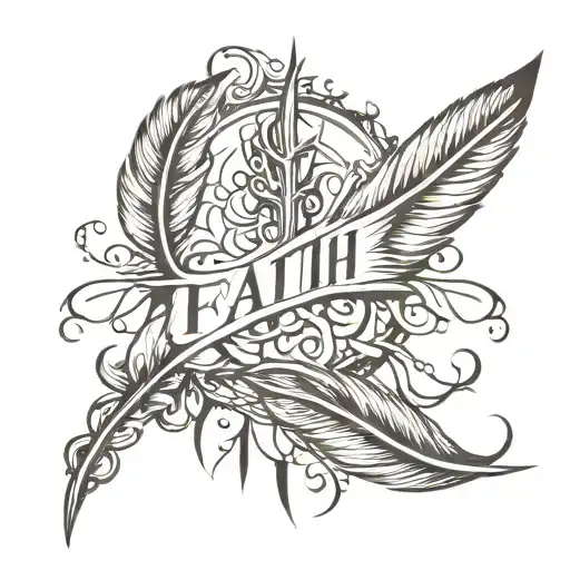 Fine Line Tatoo With Feather And Word Faith Written Verticaly