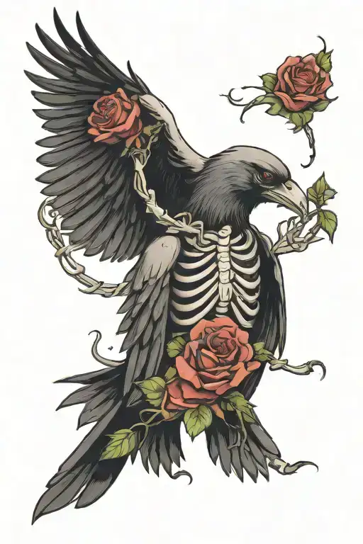 Crow Half Skeleton Holding A Rose
