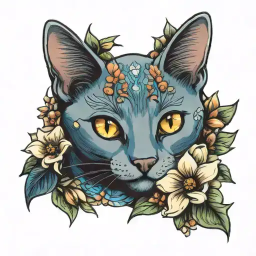 Russian Blue Cat Surrounded By Flowers