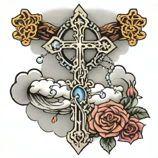 Cross With Rosary Draped Around It With Cloud Background