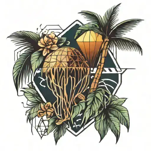 Tattoo With A Palm Tree With Geometric Lines In A Losange With And A Jellyfish With Leaves
