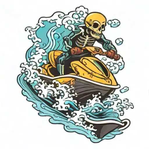 Skeleton Riding A Jetski Racing Through A Wave