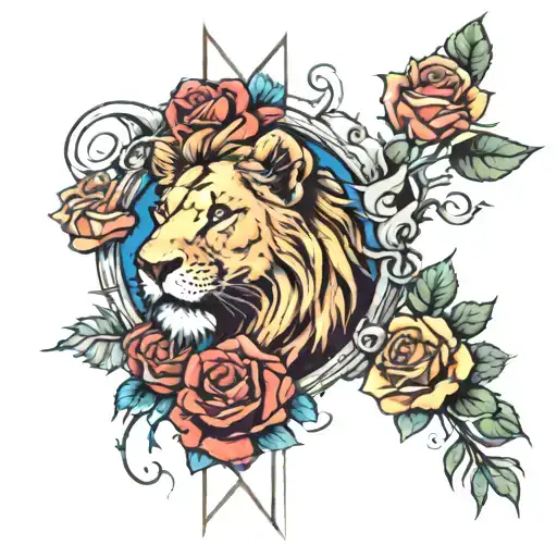 Forearm Tattoo Of A Cross With A Lion In It With Roses Around It