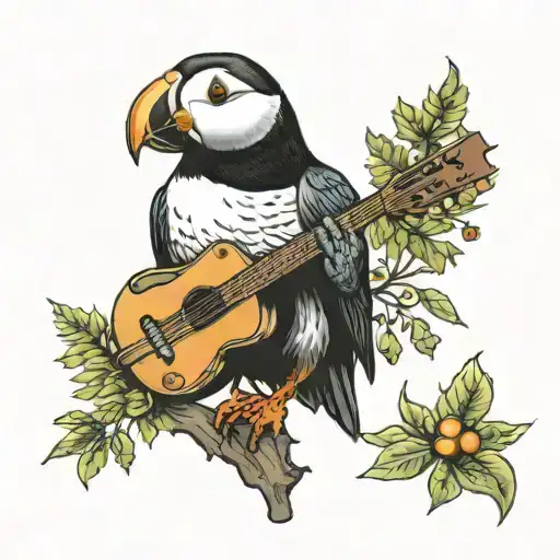 A Neotraditional Tattoo Of A Puffin Playing A Guitar In A Forest Setting