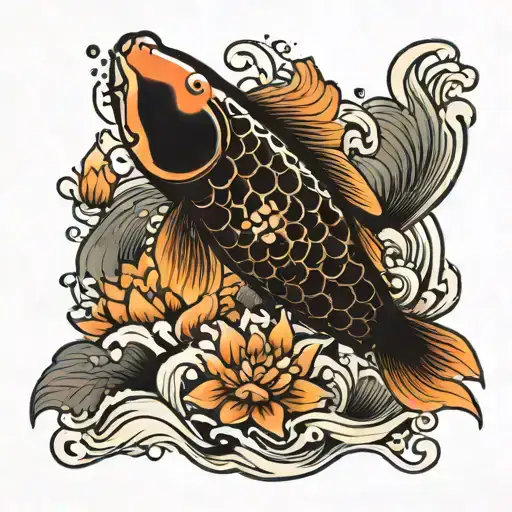 Koi Swimming Around Lotus Flower In Water Waves