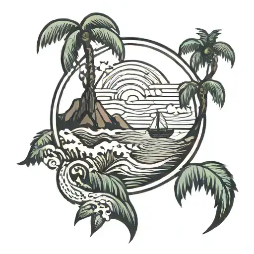 Waves Mountains Palm Tree Intertwined