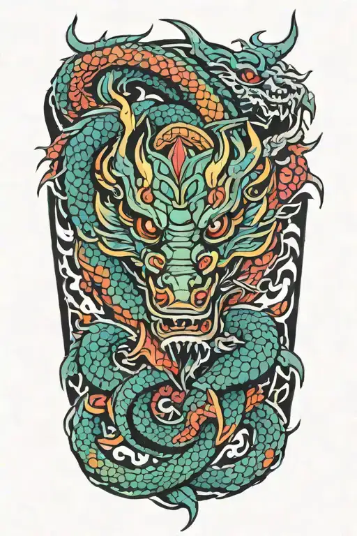 Colorful Japanese Tribal Tattoo With Dragon