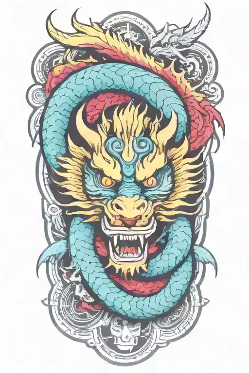 Colorful Japanese Tribal Tattoo With Dragon