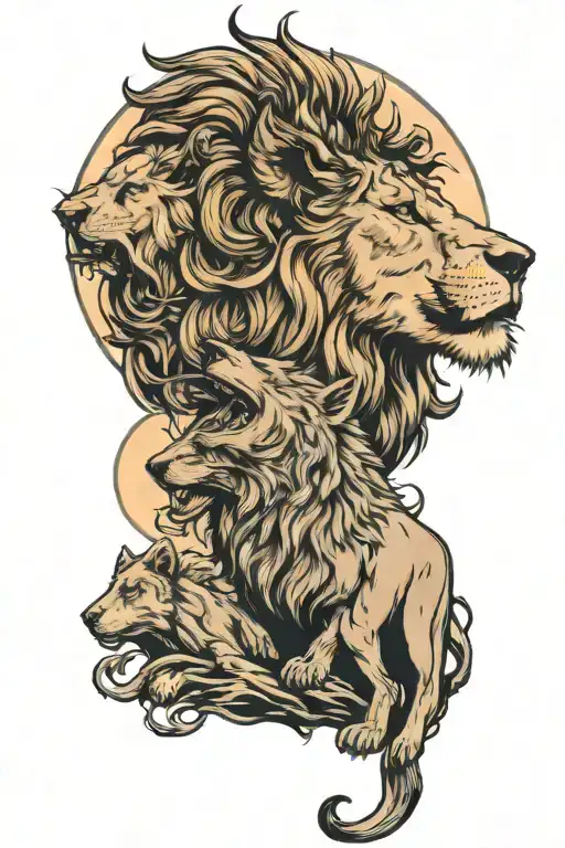 Lion And Wolf Howling At The Moon