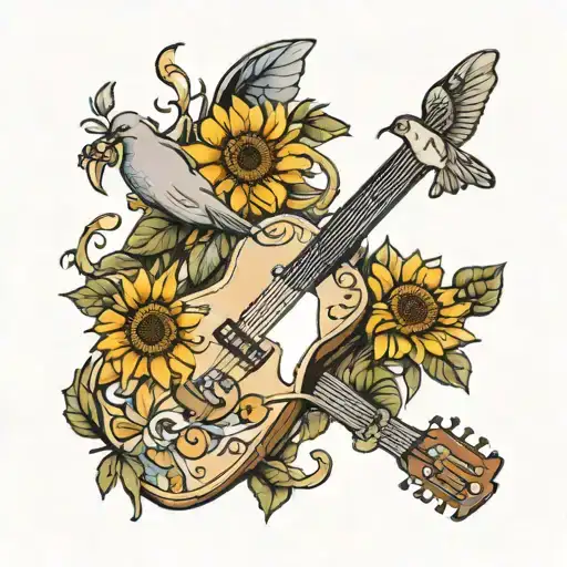 A Guitar With A Dove And A Sunflower And A Butterfly